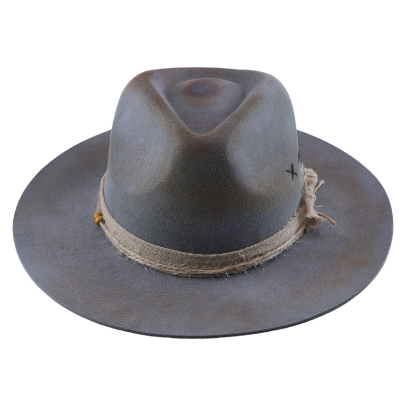 No. 1226 Distressed Woolen Felt Western Fedora Hat with Rope Band and Feather