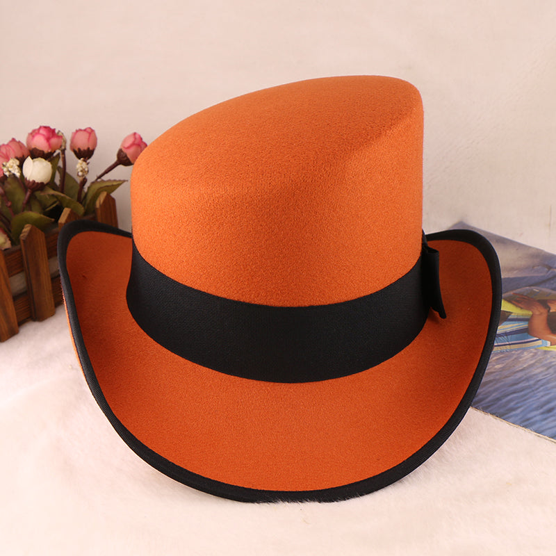 Fashion Felt Top Hat with Bow Royal Style Flipped Brim Costume Hat for Stage Performance Men and Women