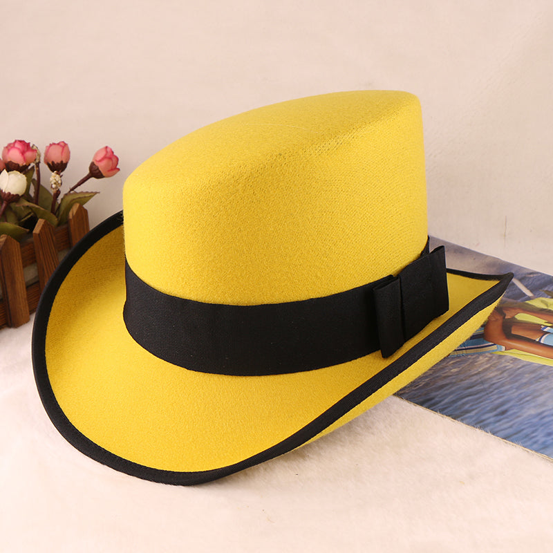 Fashion Felt Top Hat with Bow Royal Style Flipped Brim Costume Hat for Stage Performance Men and Women