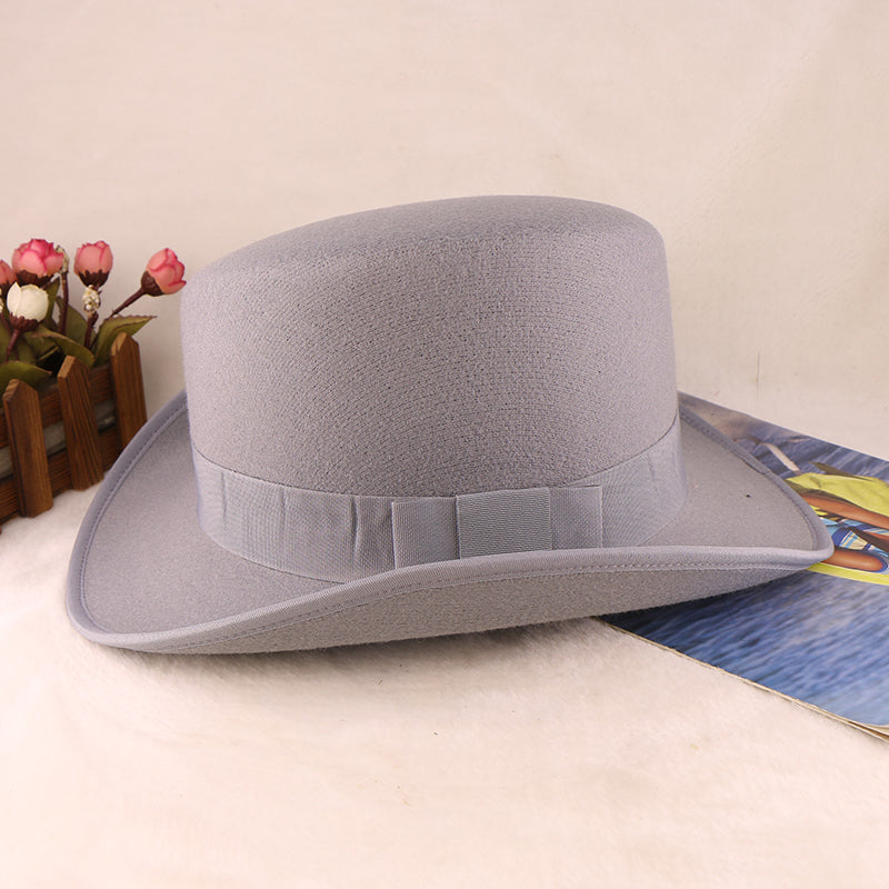 Fashion Felt Top Hat with Bow Royal Style Flipped Brim Costume Hat for Stage Performance Men and Women