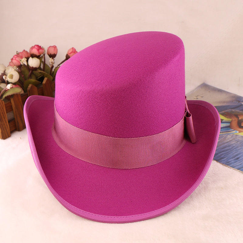 Fashion Felt Top Hat with Bow Royal Style Flipped Brim Costume Hat for Stage Performance Men and Women