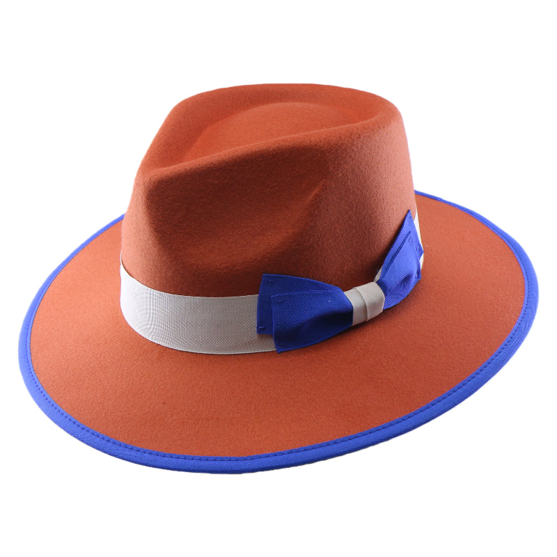 No. 922 Polyester Fedora Hat with Color-Block Bow and Bound Brim