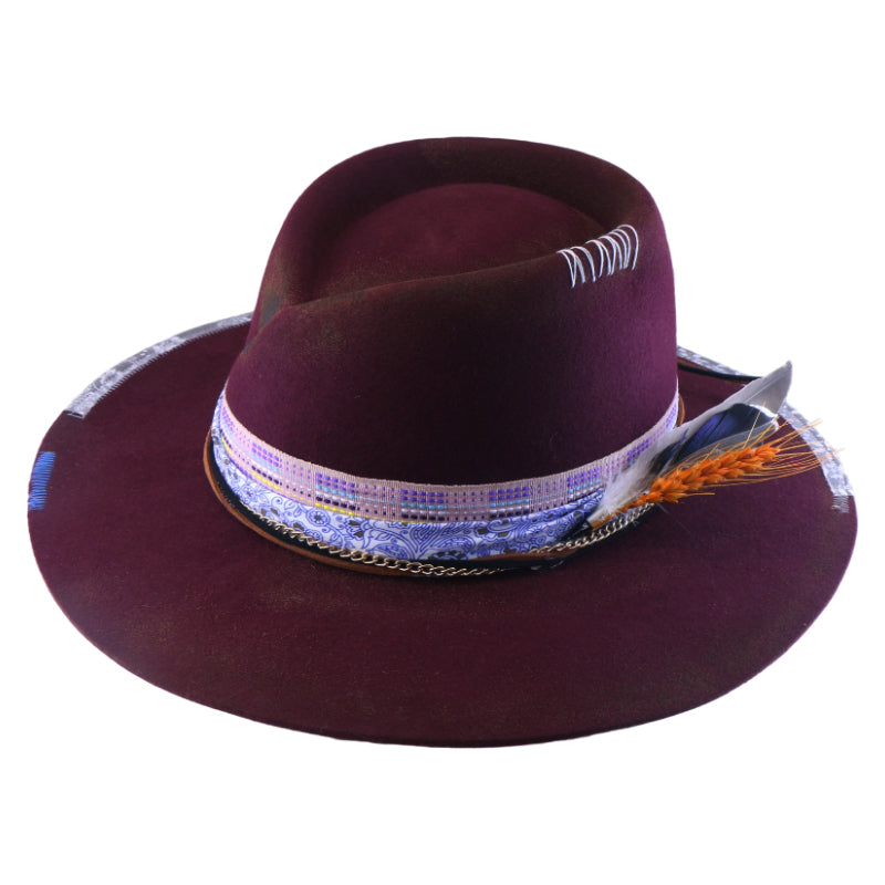 No. 984 Distressed Woolen Felt Western Fedora Hat with Asymmetric Crown and Layered Band
