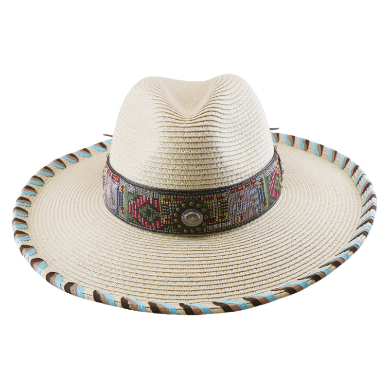 No. 1108 Paper Braid Fedora Hat with Patterned Band and Whipstitched Brim