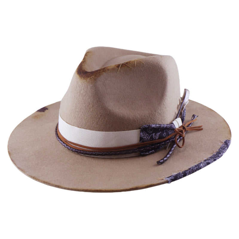 No. 1214 Woolen Felt Western Fedora Hat with Distressed Finish and Layered Paisley Band
