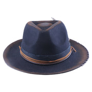 No. 1225 Distressed Navy Woolen Felt Western Fedora Hat with Playing Card and Feather