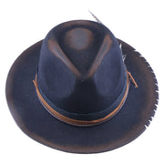 No. 1225 Distressed Navy Woolen Felt Western Fedora Hat with Playing Card and Feather