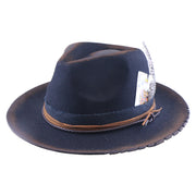No. 1225 Distressed Navy Woolen Felt Western Fedora Hat with Playing Card and Feather