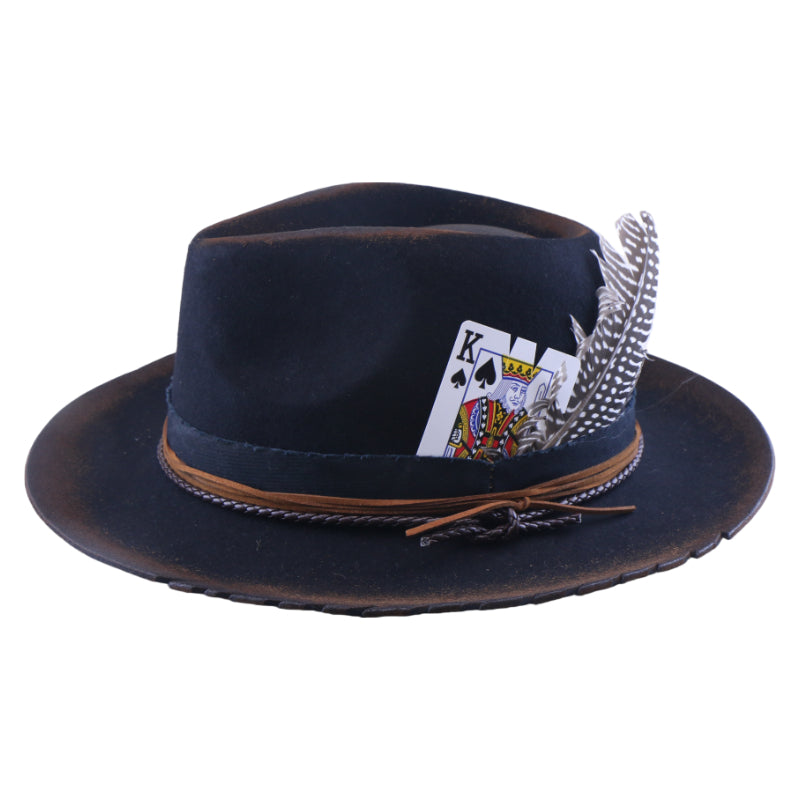 No. 1225 Distressed Navy Woolen Felt Western Fedora Hat with Playing Card and Feather
