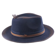 No. 1225 Distressed Navy Woolen Felt Western Fedora Hat with Playing Card and Feather