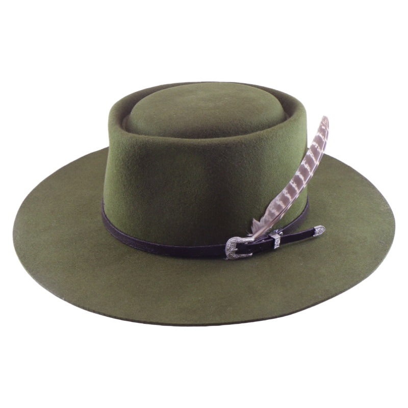 No. 1237 Woolen Felt Gambler Hat with Feather and Western Buckle Band