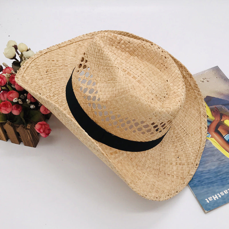 Natural Raffia Straw Cowboy Hat Handwoven Western Style Sun Hat Outdoor UV Protection Beach Travel Cap Wholesale
