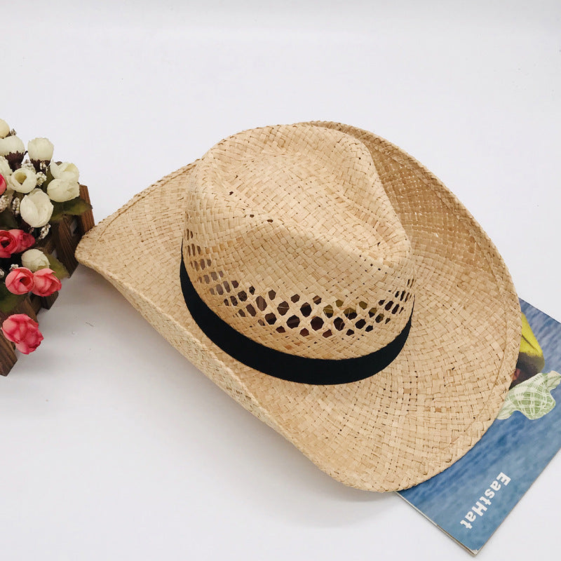 Natural Raffia Straw Cowboy Hat Handwoven Western Style Sun Hat Outdoor UV Protection Beach Travel Cap Wholesale