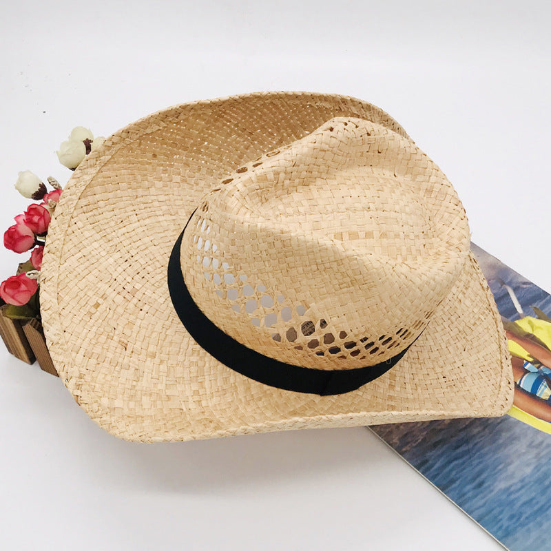 Natural Raffia Straw Cowboy Hat Handwoven Western Style Sun Hat Outdoor UV Protection Beach Travel Cap Wholesale