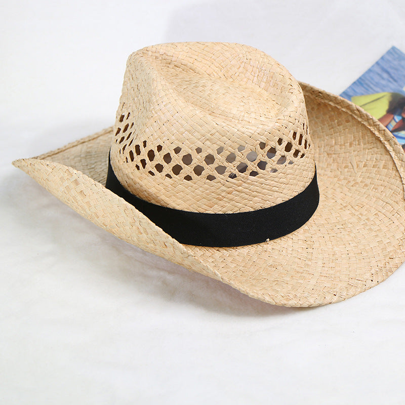 Natural Raffia Straw Cowboy Hat Handwoven Western Style Sun Hat Outdoor UV Protection Beach Travel Cap Wholesale