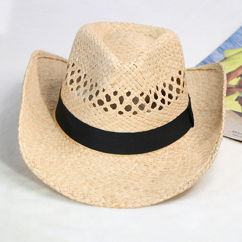 Natural Raffia Straw Cowboy Hat Handwoven Western Style Sun Hat Outdoor UV Protection Beach Travel Cap Wholesale