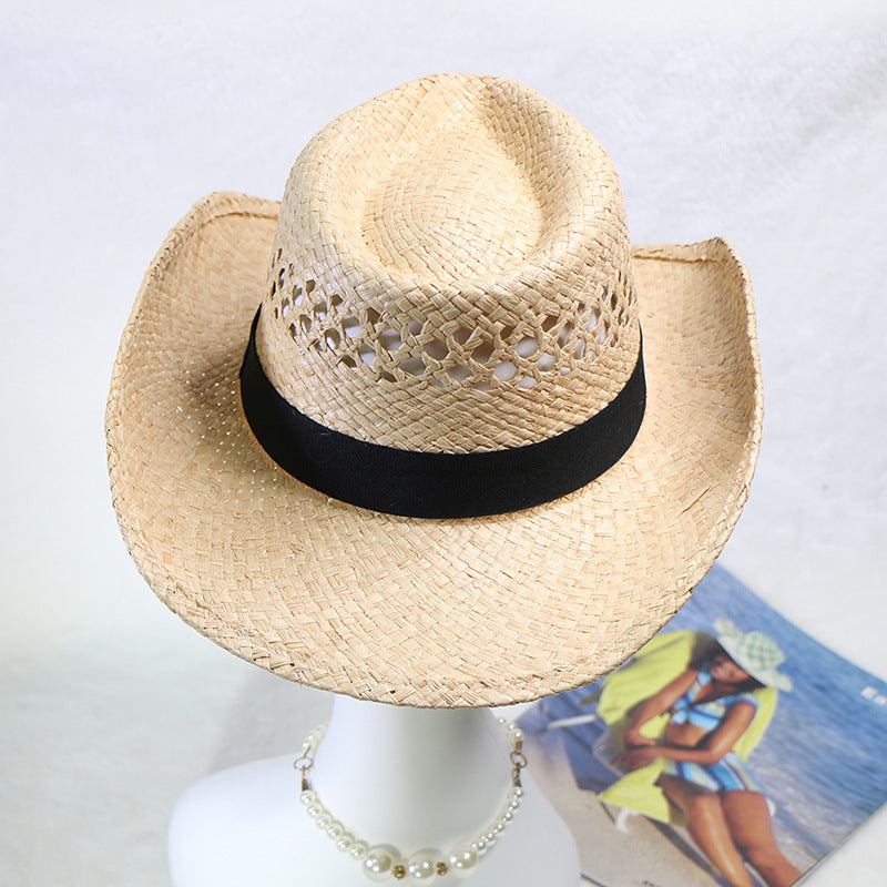 Natural Raffia Straw Cowboy Hat Handwoven Western Style Sun Hat Outdoor UV Protection Beach Travel Cap Wholesale
