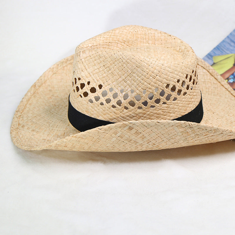 Natural Raffia Straw Cowboy Hat Handwoven Western Style Sun Hat Outdoor UV Protection Beach Travel Cap Wholesale