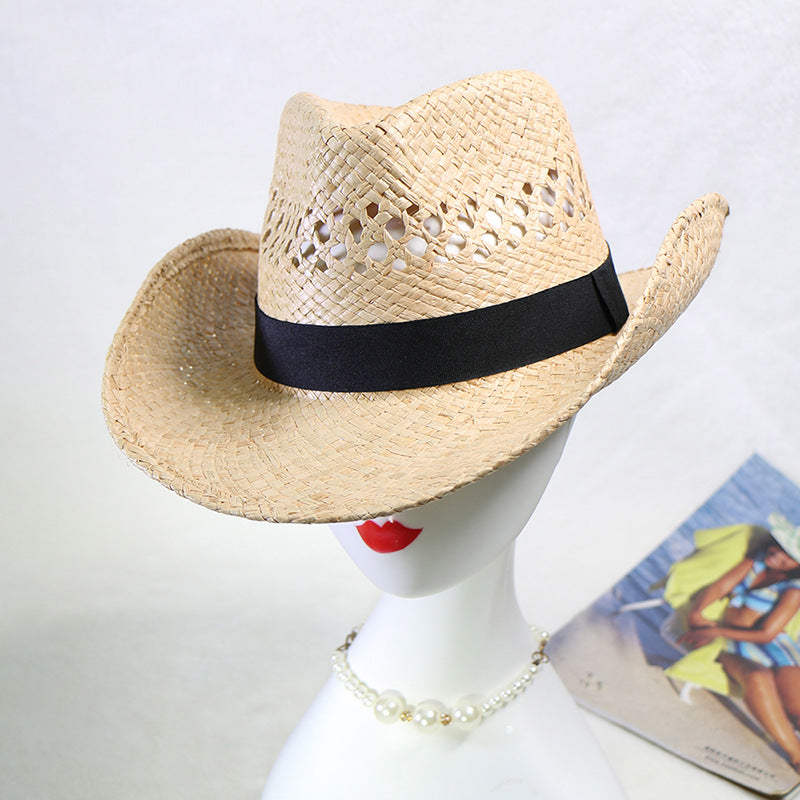 Natural Raffia Straw Cowboy Hat Handwoven Western Style Sun Hat Outdoor UV Protection Beach Travel Cap Wholesale