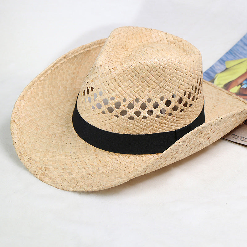 Natural Raffia Straw Cowboy Hat Handwoven Western Style Sun Hat Outdoor UV Protection Beach Travel Cap Wholesale