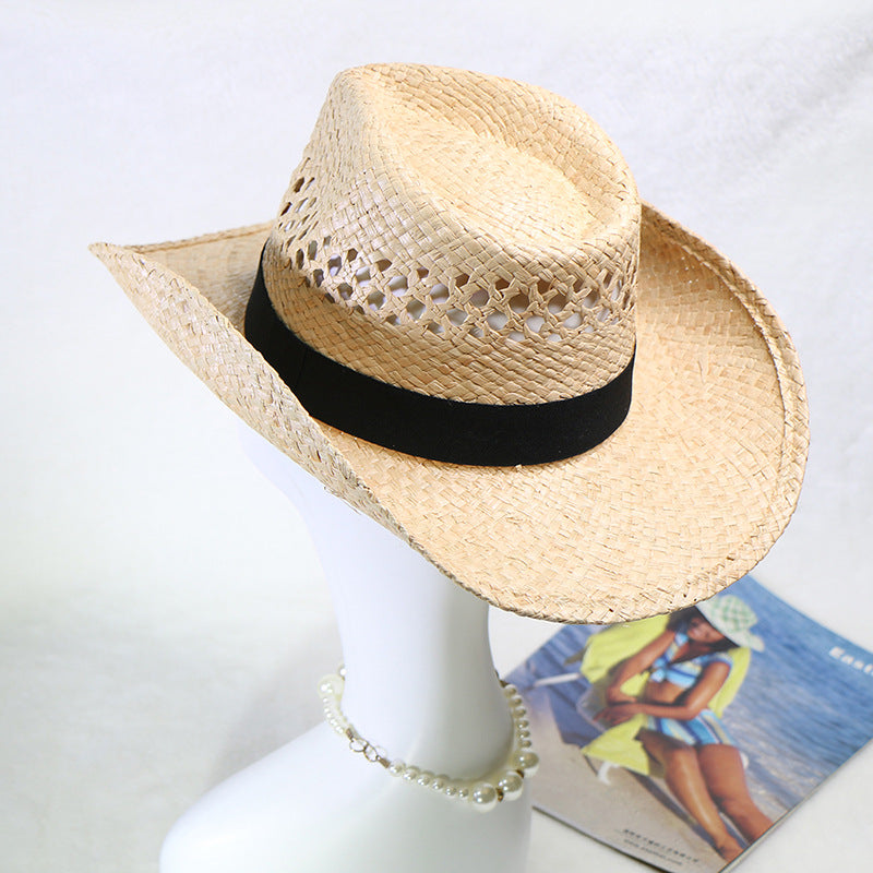 Natural Raffia Straw Cowboy Hat Handwoven Western Style Sun Hat Outdoor UV Protection Beach Travel Cap Wholesale
