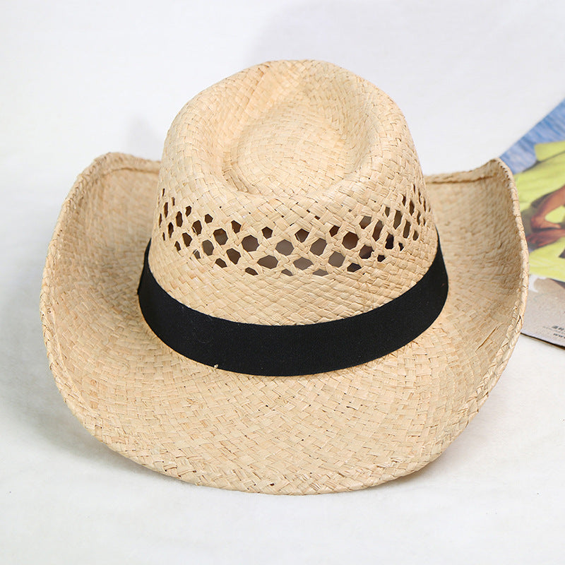 Natural Raffia Straw Cowboy Hat Handwoven Western Style Sun Hat Outdoor UV Protection Beach Travel Cap Wholesale
