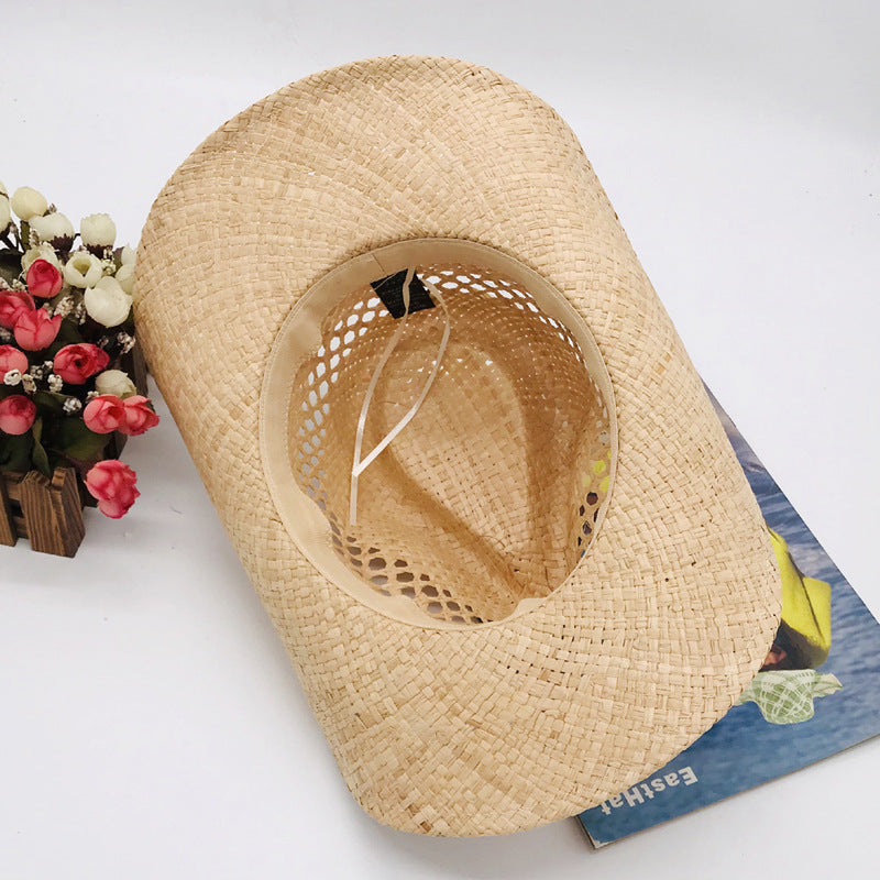 Natural Raffia Straw Cowboy Hat Handwoven Western Style Sun Hat Outdoor UV Protection Beach Travel Cap Wholesale