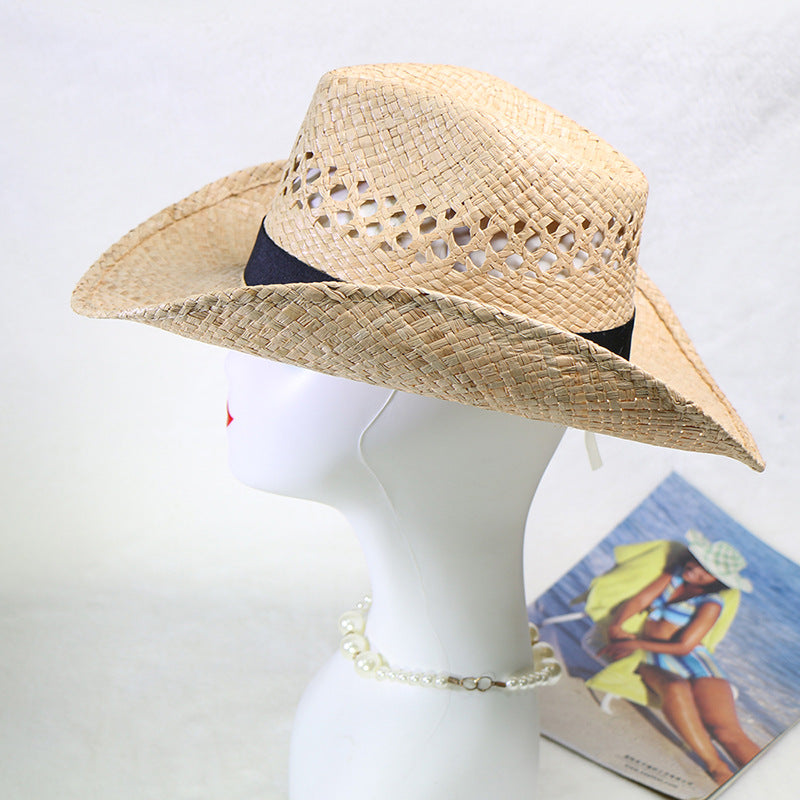 Natural Raffia Straw Cowboy Hat Handwoven Western Style Sun Hat Outdoor UV Protection Beach Travel Cap Wholesale