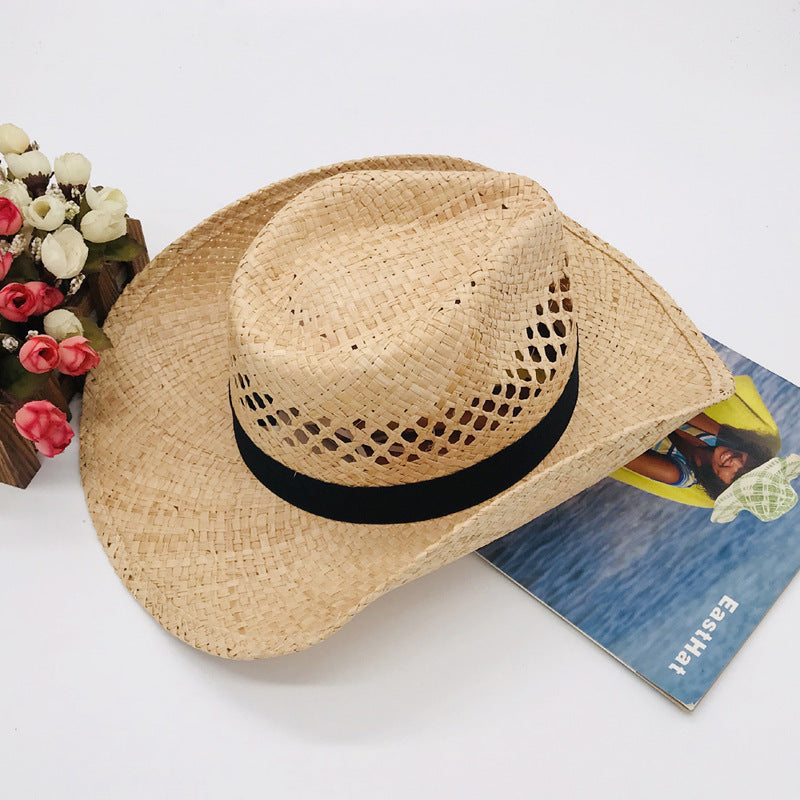 Natural Raffia Straw Cowboy Hat Handwoven Western Style Sun Hat Outdoor UV Protection Beach Travel Cap Wholesale