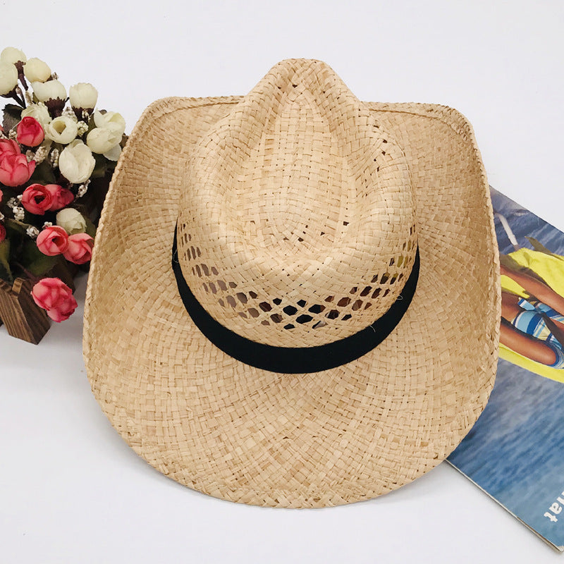 Natural Raffia Straw Cowboy Hat Handwoven Western Style Sun Hat Outdoor UV Protection Beach Travel Cap Wholesale