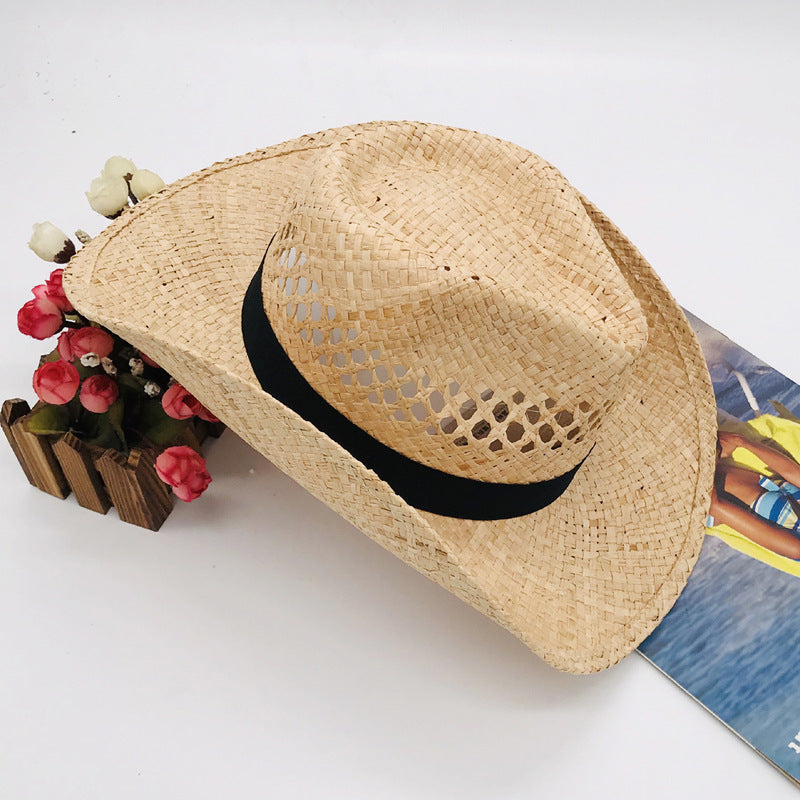 Natural Raffia Straw Cowboy Hat Handwoven Western Style Sun Hat Outdoor UV Protection Beach Travel Cap Wholesale