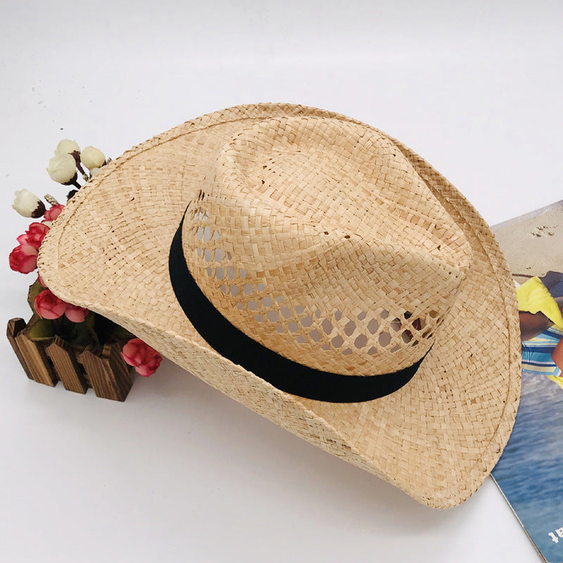 Natural Raffia Straw Cowboy Hat Handwoven Western Style Sun Hat Outdoor UV Protection Beach Travel Cap Wholesale