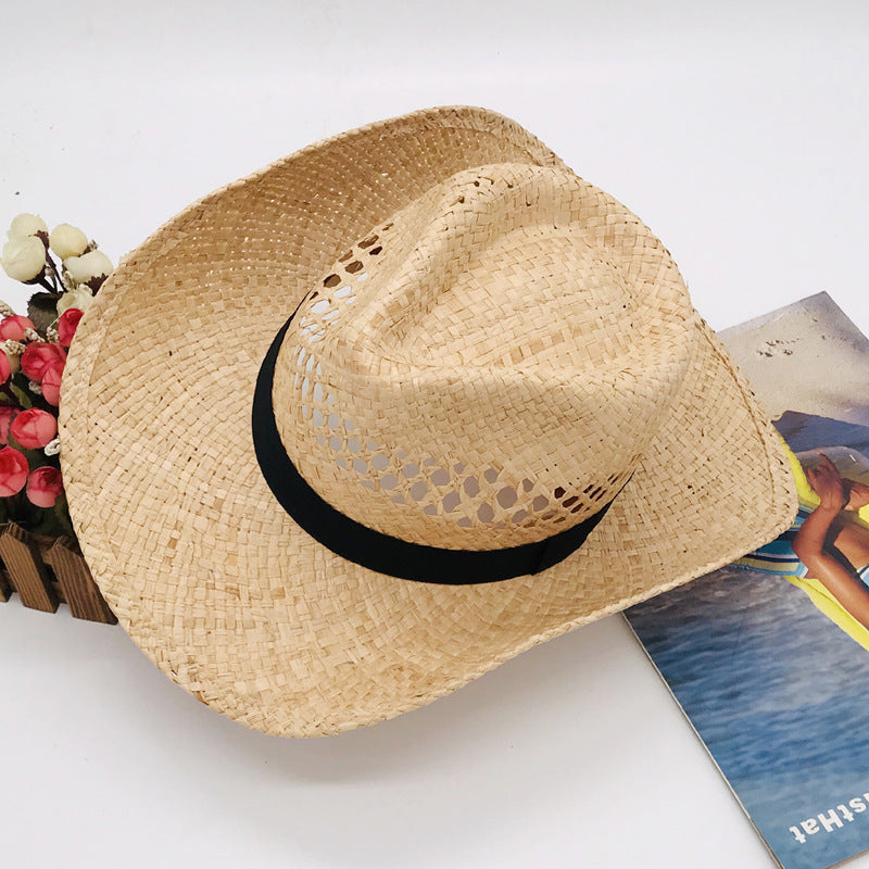 Natural Raffia Straw Cowboy Hat Handwoven Western Style Sun Hat Outdoor UV Protection Beach Travel Cap Wholesale