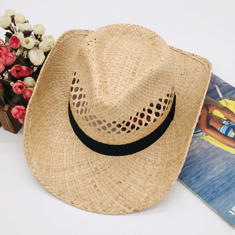 Natural Raffia Straw Cowboy Hat Handwoven Western Style Sun Hat Outdoor UV Protection Beach Travel Cap Wholesale