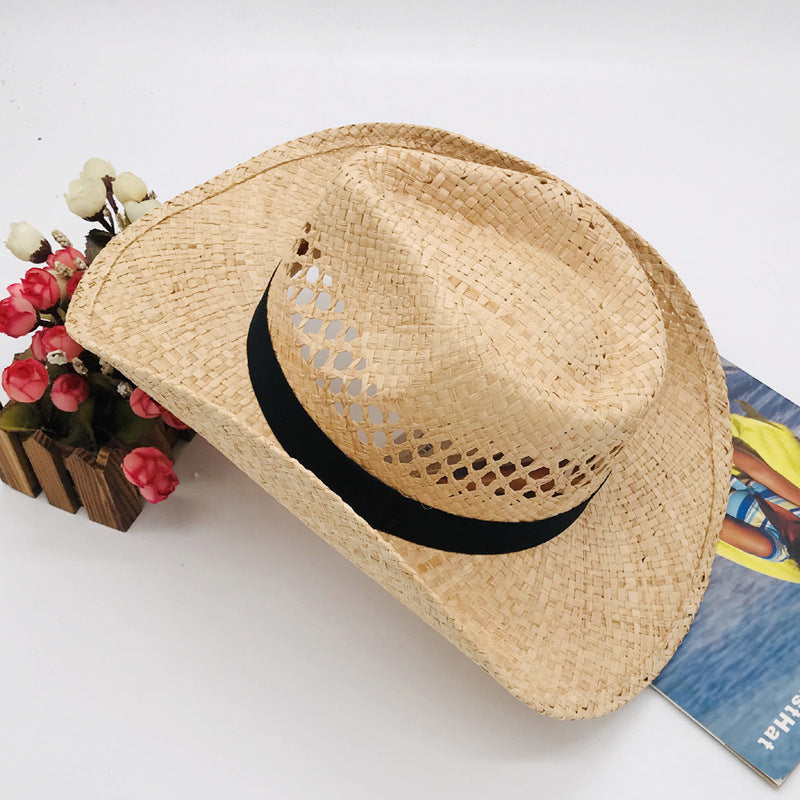 Natural Raffia Straw Cowboy Hat Handwoven Western Style Sun Hat Outdoor UV Protection Beach Travel Cap Wholesale
