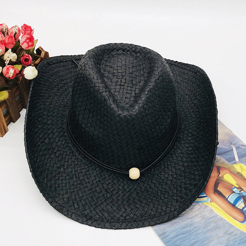 Brown and Black Paper Straw Cowboy Hat Unisex Striped Flipped Brim Wide Brim Sun Hat UV Protection Beach Cap