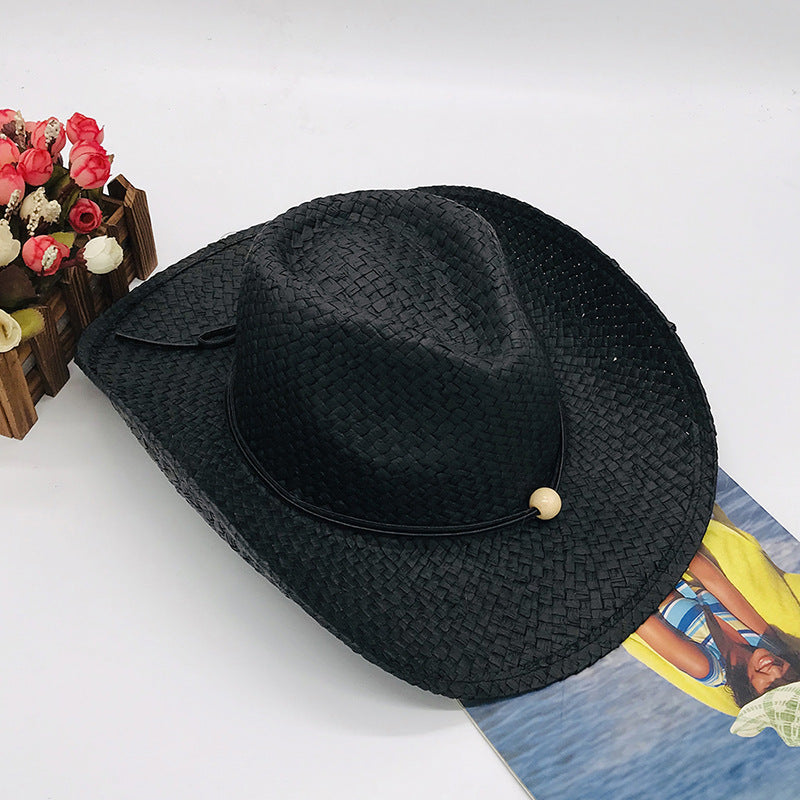 Brown and Black Paper Straw Cowboy Hat Unisex Striped Flipped Brim Wide Brim Sun Hat UV Protection Beach Cap