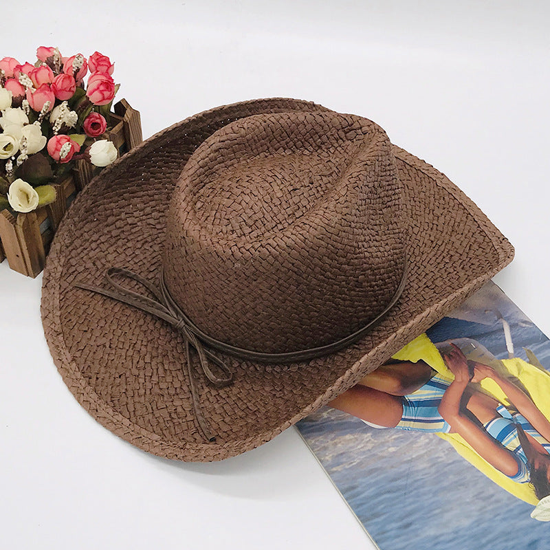 Brown and Black Paper Straw Cowboy Hat Unisex Striped Flipped Brim Wide Brim Sun Hat UV Protection Beach Cap