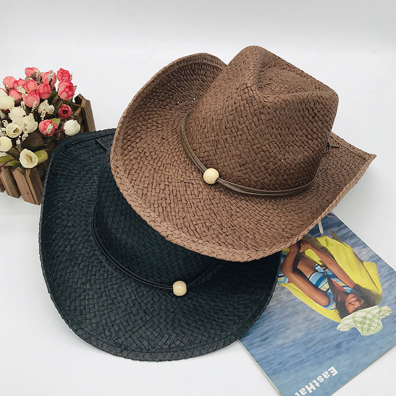 Brown and Black Paper Straw Cowboy Hat Unisex Striped Flipped Brim Wide Brim Sun Hat UV Protection Beach Cap