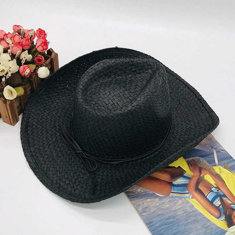 Brown and Black Paper Straw Cowboy Hat Unisex Striped Flipped Brim Wide Brim Sun Hat UV Protection Beach Cap