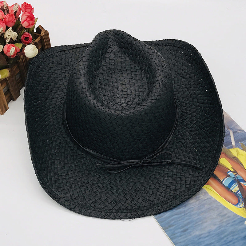 Brown and Black Paper Straw Cowboy Hat Unisex Striped Flipped Brim Wide Brim Sun Hat UV Protection Beach Cap