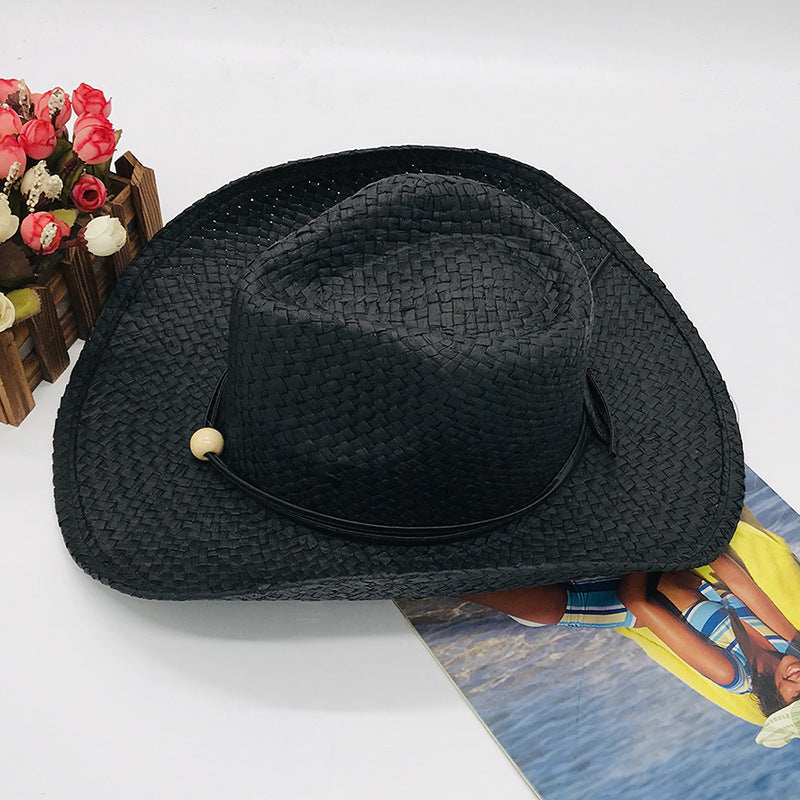 Brown and Black Paper Straw Cowboy Hat Unisex Striped Flipped Brim Wide Brim Sun Hat UV Protection Beach Cap