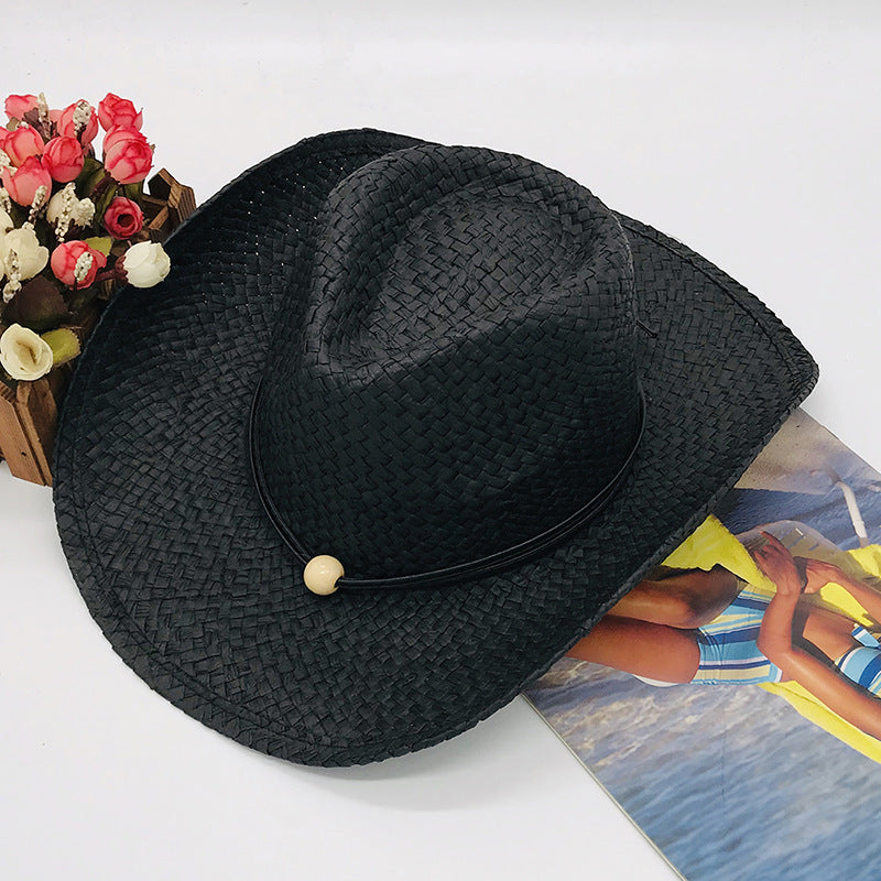 Brown and Black Paper Straw Cowboy Hat Unisex Striped Flipped Brim Wide Brim Sun Hat UV Protection Beach Cap