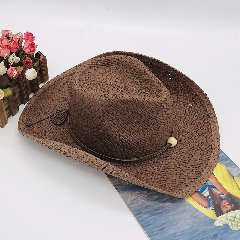 Brown and Black Paper Straw Cowboy Hat Unisex Striped Flipped Brim Wide Brim Sun Hat UV Protection Beach Cap