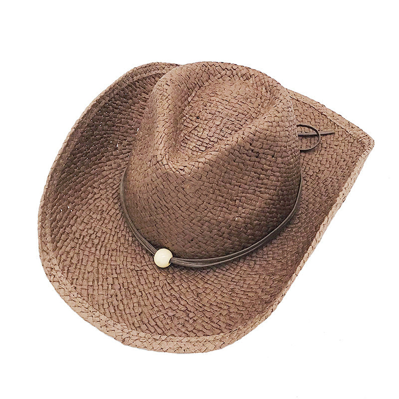 Brown and Black Paper Straw Cowboy Hat Unisex Striped Flipped Brim Wide Brim Sun Hat UV Protection Beach Cap