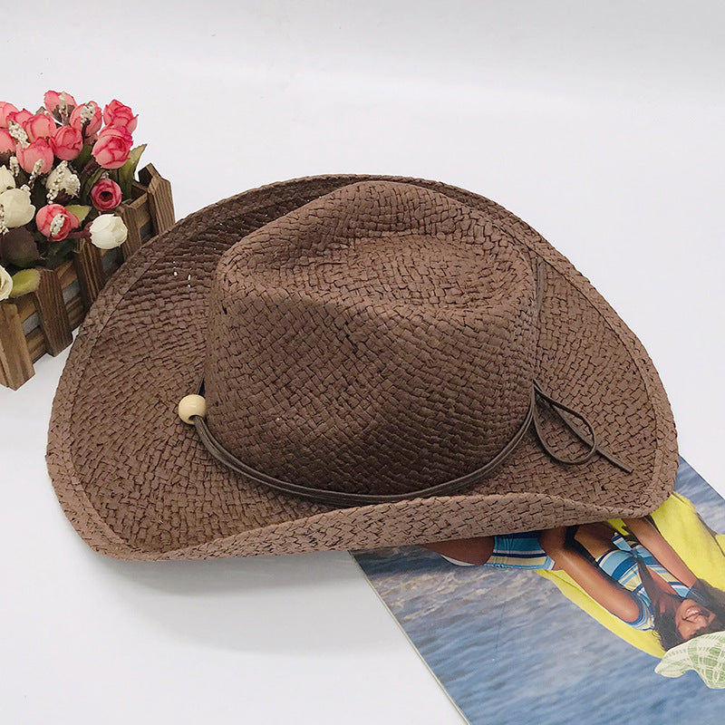Brown and Black Paper Straw Cowboy Hat Unisex Striped Flipped Brim Wide Brim Sun Hat UV Protection Beach Cap