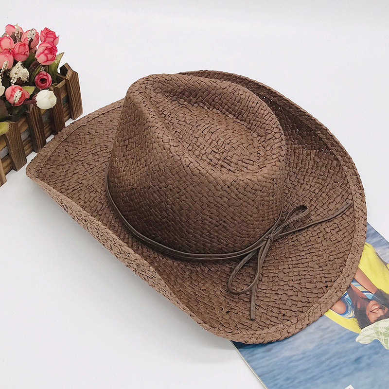 Brown and Black Paper Straw Cowboy Hat Unisex Striped Flipped Brim Wide Brim Sun Hat UV Protection Beach Cap