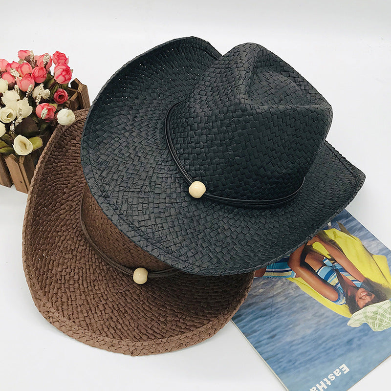 Brown and Black Paper Straw Cowboy Hat Unisex Striped Flipped Brim Wide Brim Sun Hat UV Protection Beach Cap