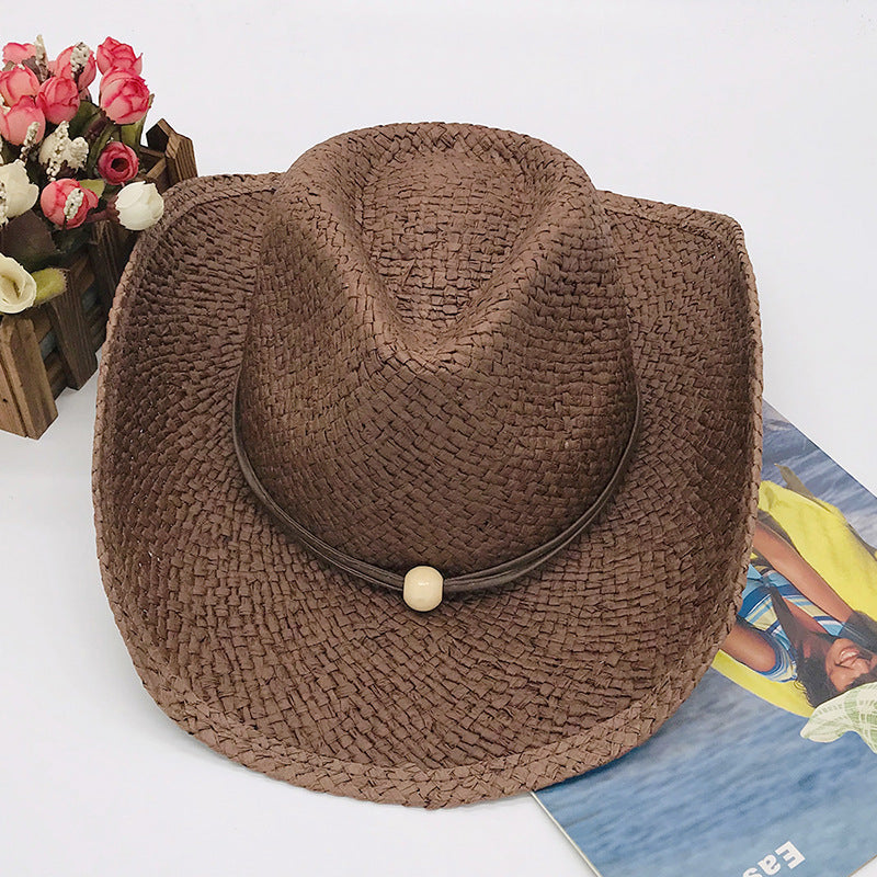 Brown and Black Paper Straw Cowboy Hat Unisex Striped Flipped Brim Wide Brim Sun Hat UV Protection Beach Cap