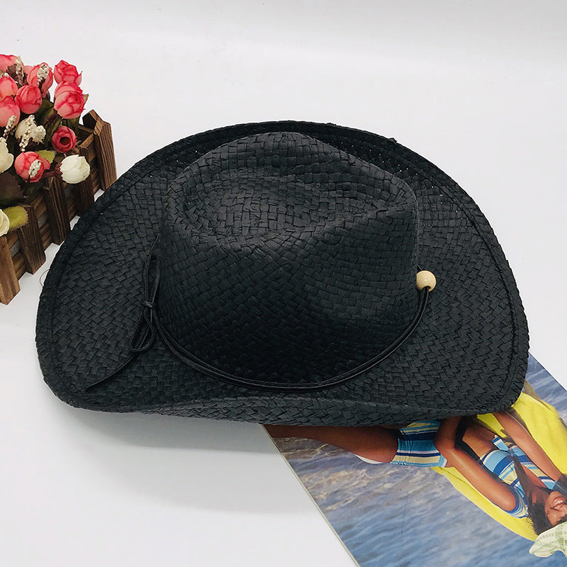 Brown and Black Paper Straw Cowboy Hat Unisex Striped Flipped Brim Wide Brim Sun Hat UV Protection Beach Cap